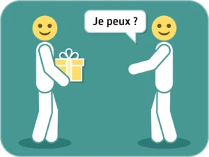 Illustration d'une personne tenant un cadeau avec la question 'Je peux ?' pour symboliser le consentement dans les relations
